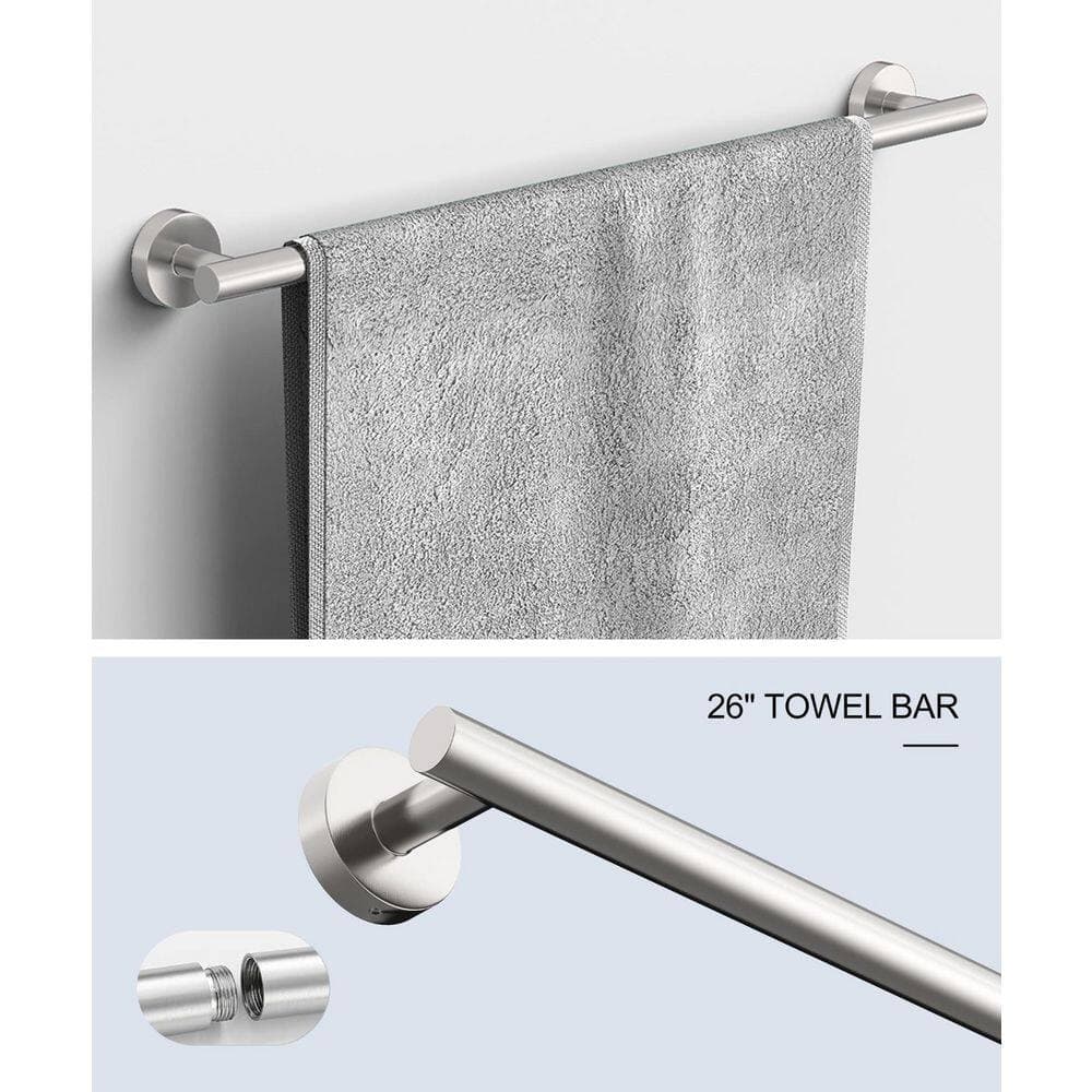 HOMEMYSTIQUE 6-Piece Wall-Mounted Bathroom Hardware Set with 26 in. and 16 in. Towel Bars in Brushed Nickel (2)