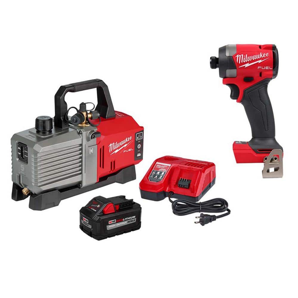Milwaukee M18 18-Volt Lithium-Ion Cordless 5 CFM Vacuum Pump Kit with M18 FUEL 18V Brushless Cordless 1/4 in. Hex Impact Driver (1)