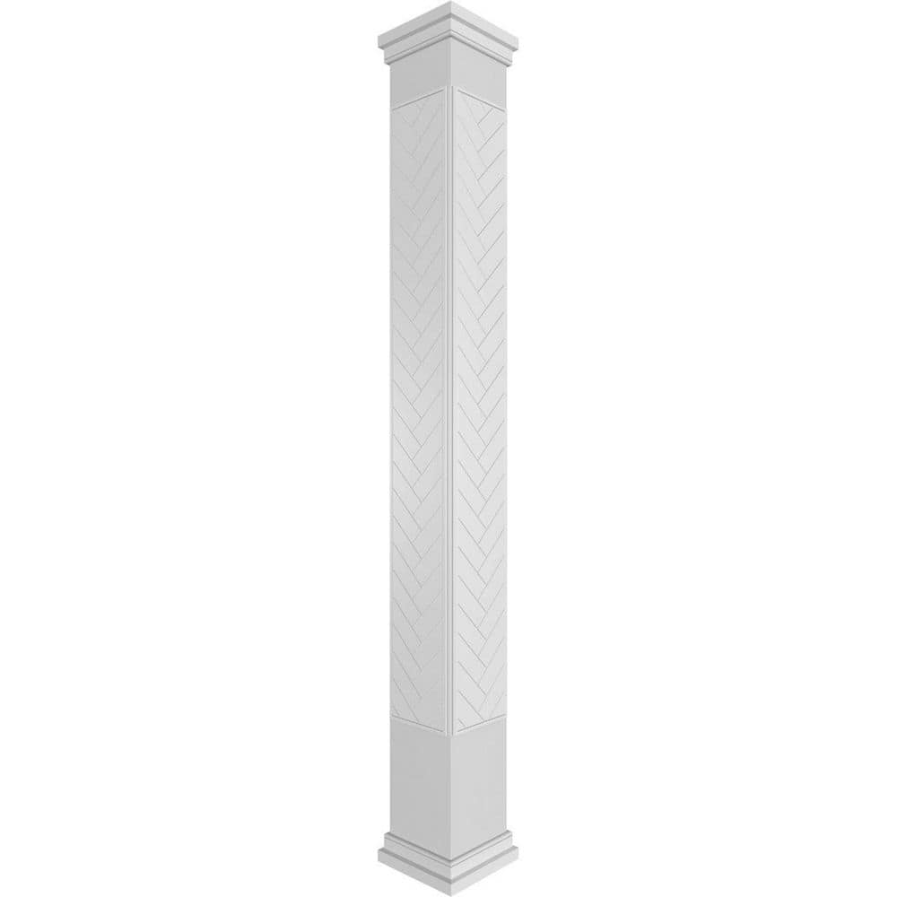Ekena Millwork 7-5/8 in. x 8 ft. Premium Square Non-Tapered Herringbone Modern Fretwork PVC Column Wrap Kit w/Prairie Capital and Base