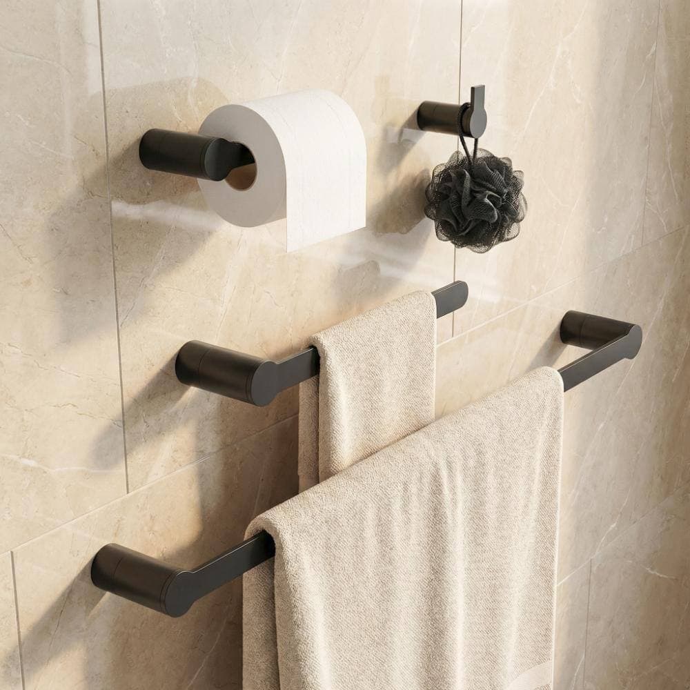 GQB 4-Piece Stainless Steel Bath Hardware Set in Matte Black with Towel Rack, Towel Hook, Toilet Paper Holder (3)