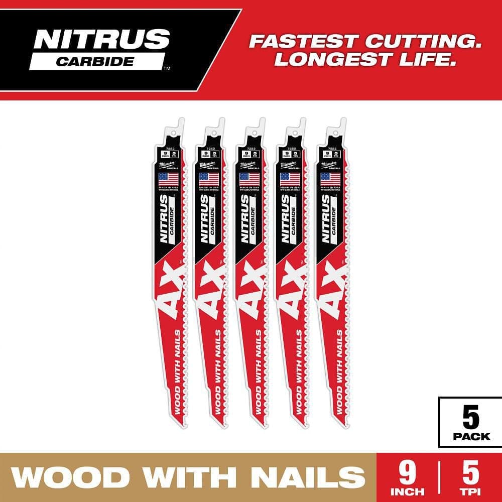 Milwaukee 9 in. 5 TPI NITRUS AX Carbide Teeth Demolition Nail-Embedded Wood Cutting SAWZALL Reciprocating Saw Blade 5PK (1)