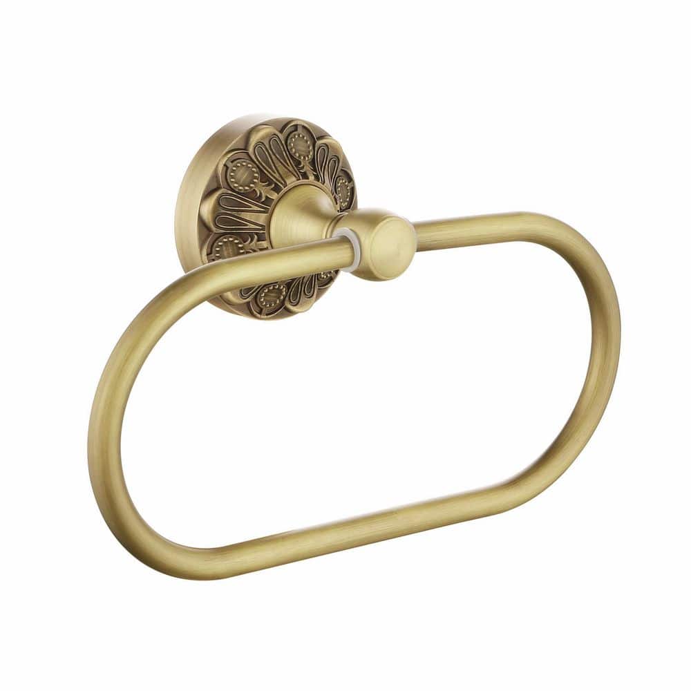 Wudkey Wall Mounted Towel Ring in Gold, Oval Hand Towel Holder, Vintage Decorative Accessories, Brass Petal-Relief Series (1)