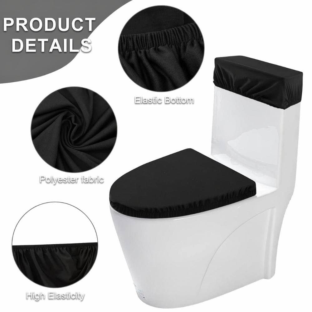 Unbranded Stretch Washable Toilet Lid and Tank Lid Cover Set, Fits Most Toilets, Black, Polyester Fabric Essentials (3)