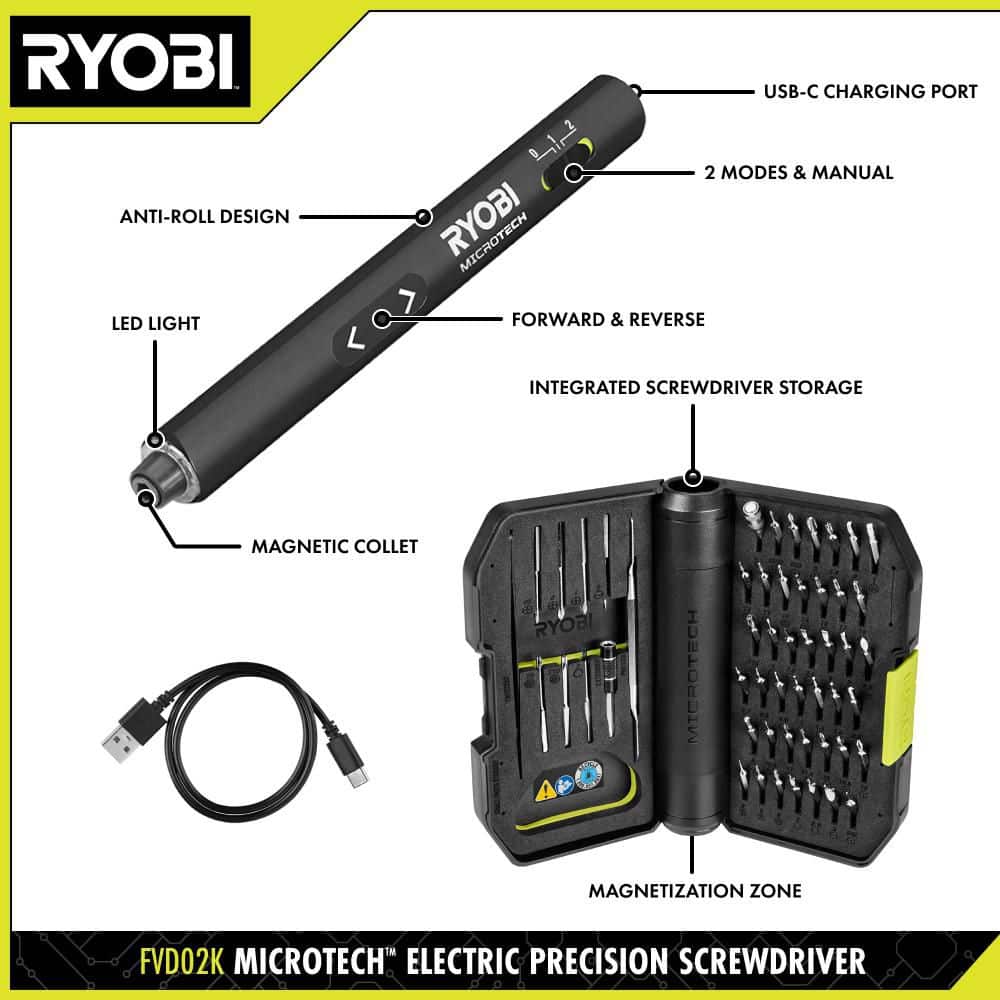 RYOBI MICROTECH Electric Precision Screwdriver Kit with 4mm 50pc Bit Set, Tweezers, Pry Tool, USB-C Charging Cable, and Case (3)