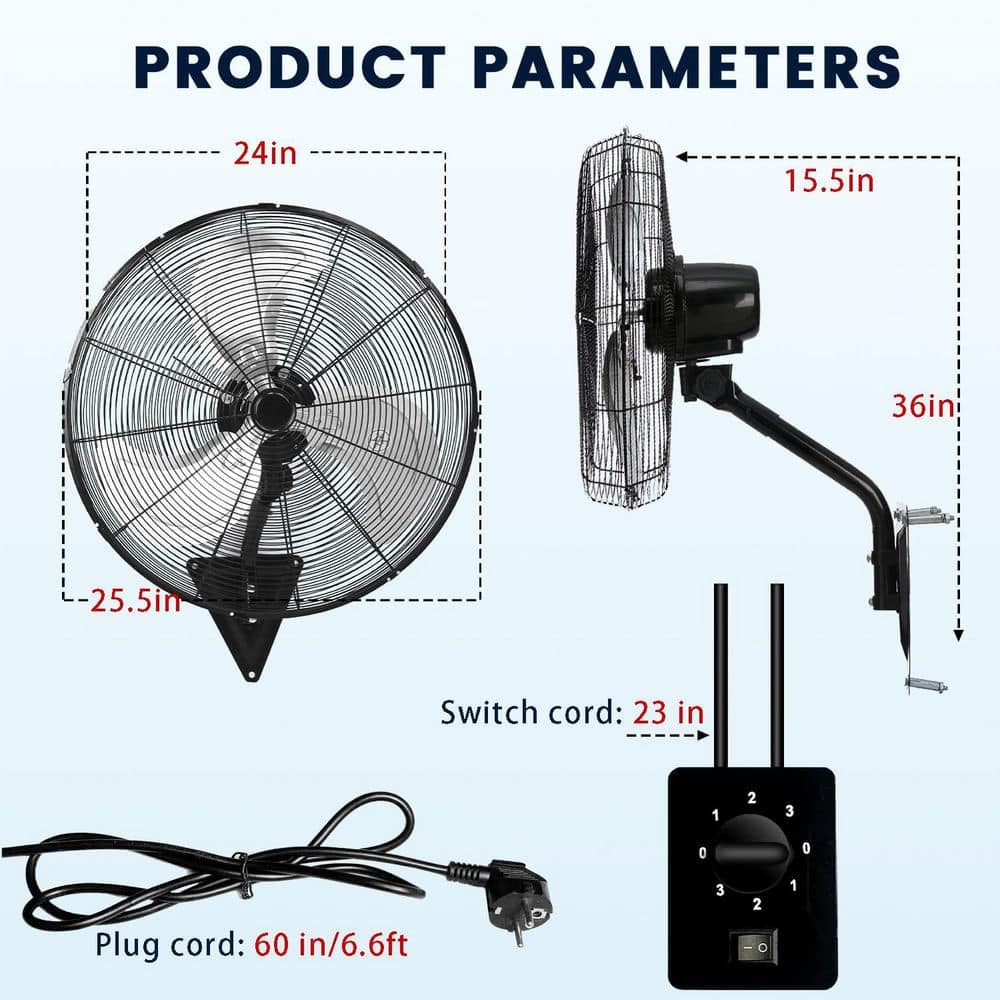 Atemomen 24 in. 3-Fan Speeds Oscillating Indoor Industrial/Commercial Wall Fan in Black with Adjustable Tilt, All-Copper Motor (2)
