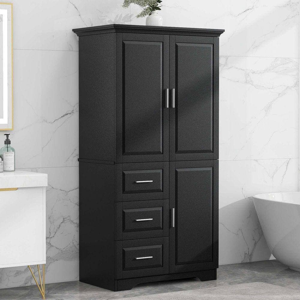 XUJMK 33 in. W x 20 in. D x 62 in. H Black Wooden Freestanding Storage Cabinet, Linen Cabinet with 3-Drawers, Bathroom/Office (2)