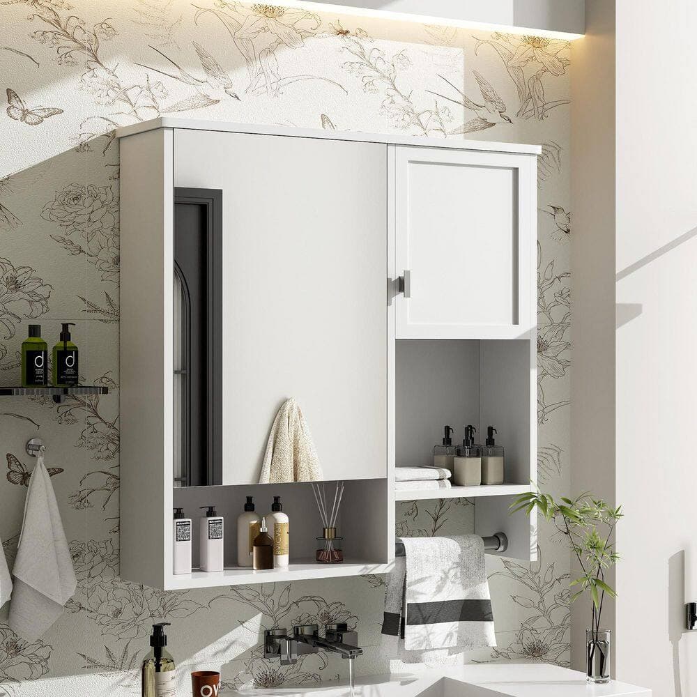 Siavonce 7 in. W x 30 in. D x 28 in. H Bathroom Wall Mounted Linen Cabinet with Towel Bar, Mirrored Doors and Dividers, White (2)