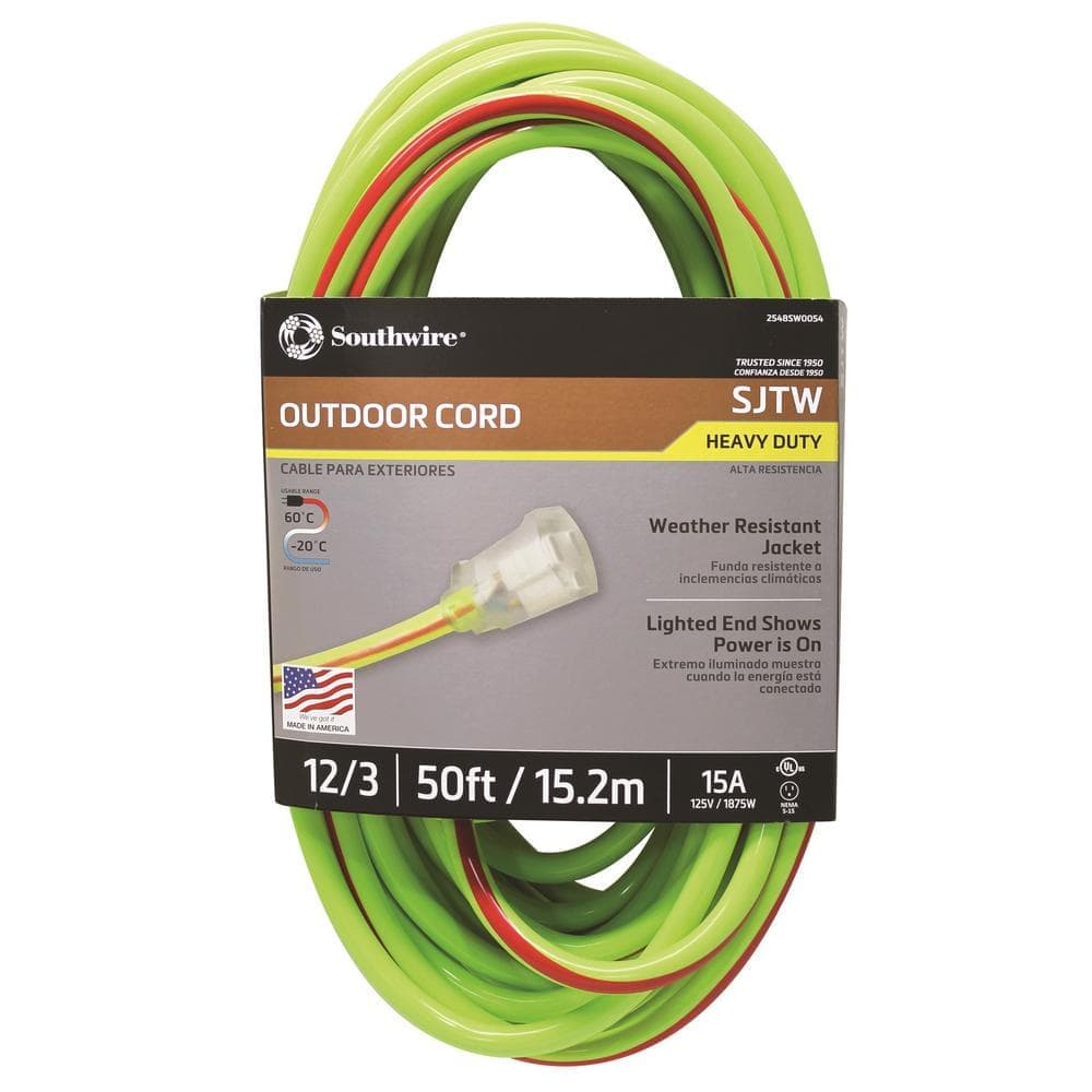 Southwire 50 ft. 12/3 SJTW Hi-Visbility Multi-Color Outdoor Heavy-Duty Extension Cord with Power Light Plug (1)