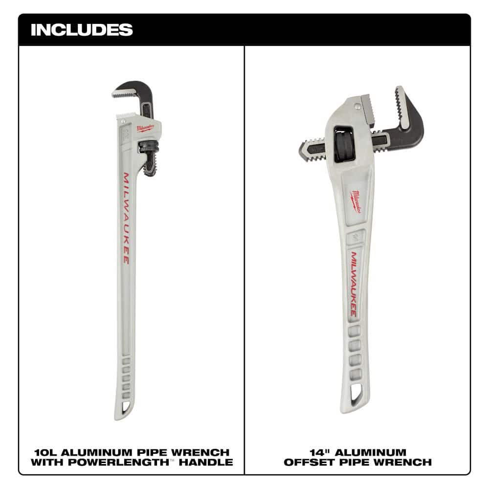 Milwaukee 10 in. Aluminum Pipe Wrench with POWERLENGTH Handle with 14 in. Aluminum Offset Pipe Wrench (2)