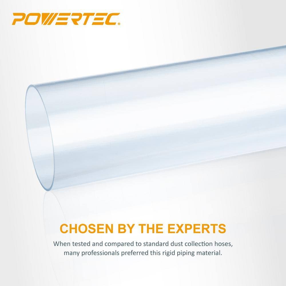 ‎POWERTEC 4 in. x 36 in. Clear PVC Pipe Long Rigid Plastic Tubing and 5 Hose Hangers for Dust Collection Systems (3)