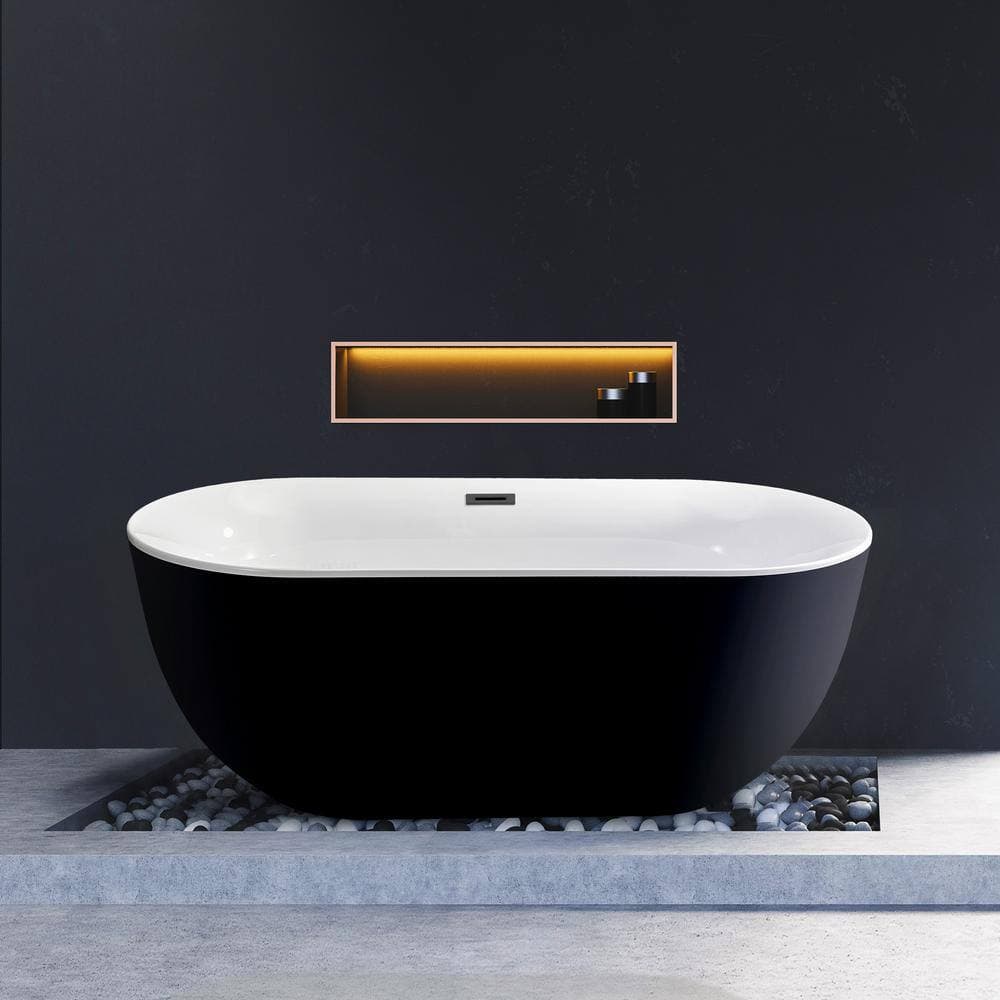 Streamline 59 in. Acrylic Flatbottom Non-Whirlpool Bathtub Glossy Black with Brushed Gun Metal Drain and Overflow Cover (2)