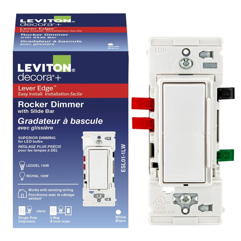 Leviton Decora Lever Edge Rocker Slide Dimmer Switch for LED/INC Bulbs, 150 Watt, Single Pole or 3-Way, ESL01-1KW