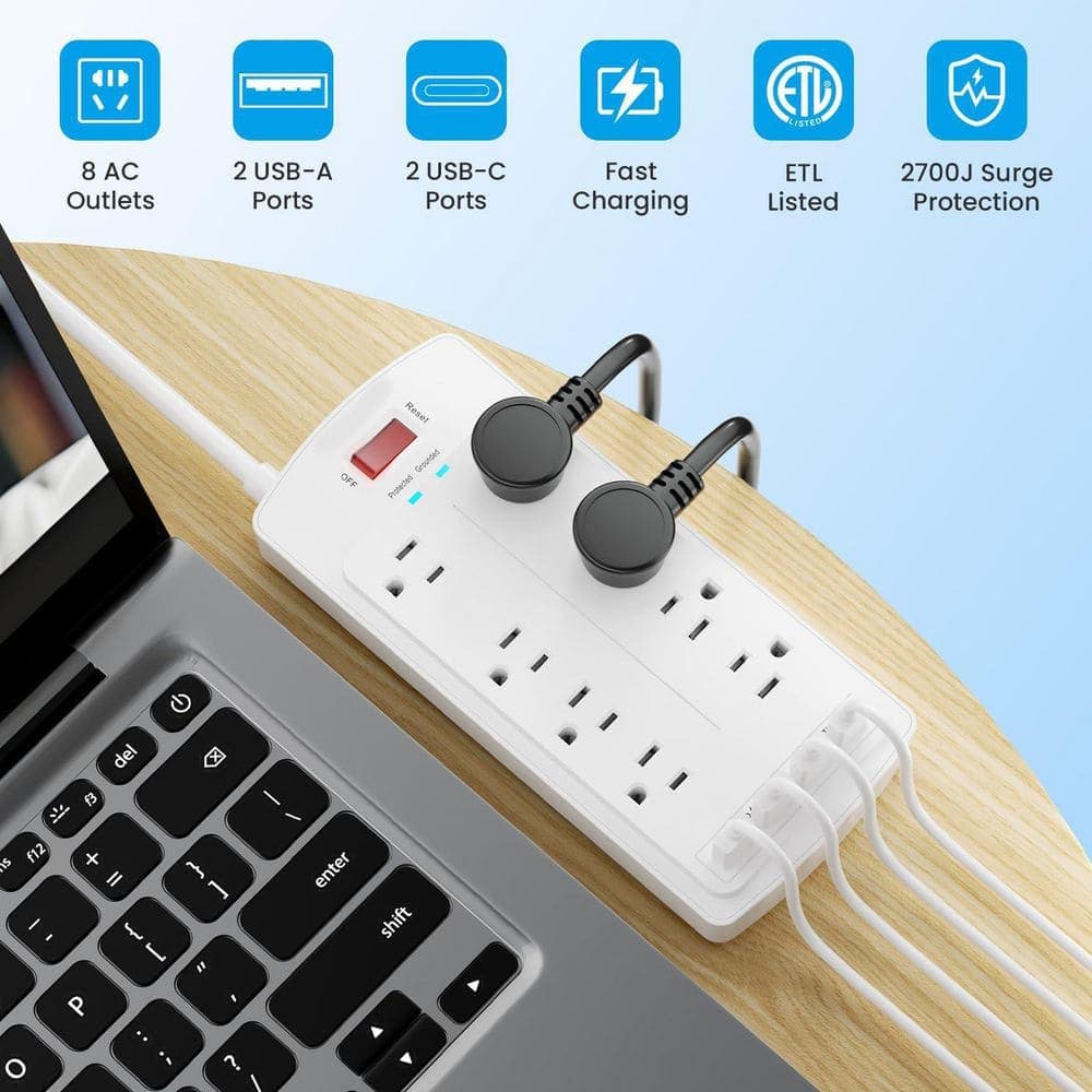 OBJLGEV 5 ft. Cord 8-Outlet Surge Protector Power Strip with 2 USB-C Ports 2 USB-A Ports Fast Charging ETL 2700 Joules (3)