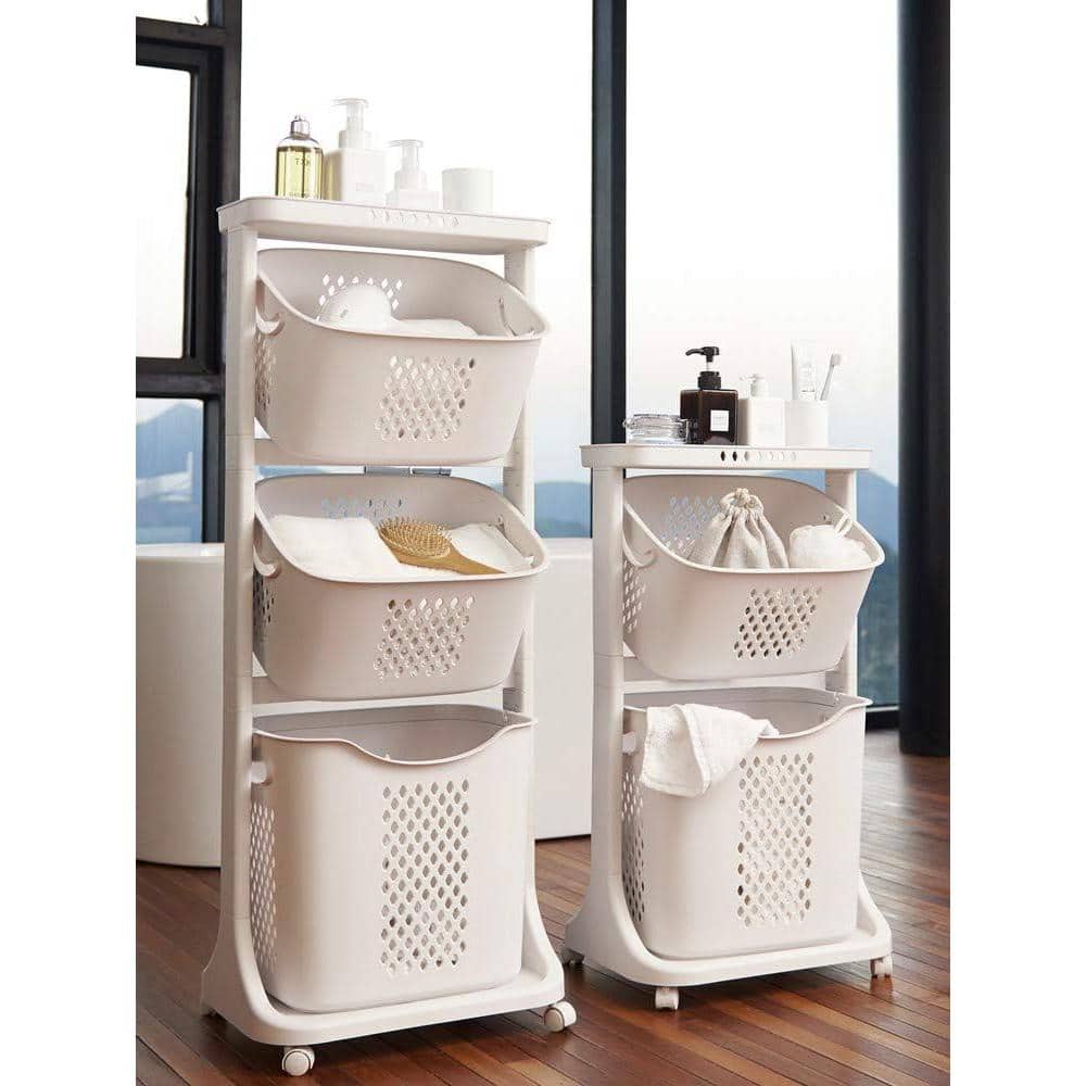 Adrinfly Freestanding Bathroom Multi-layer Laundry Basket Storage Basket Household with 3-Baskets in White (3)