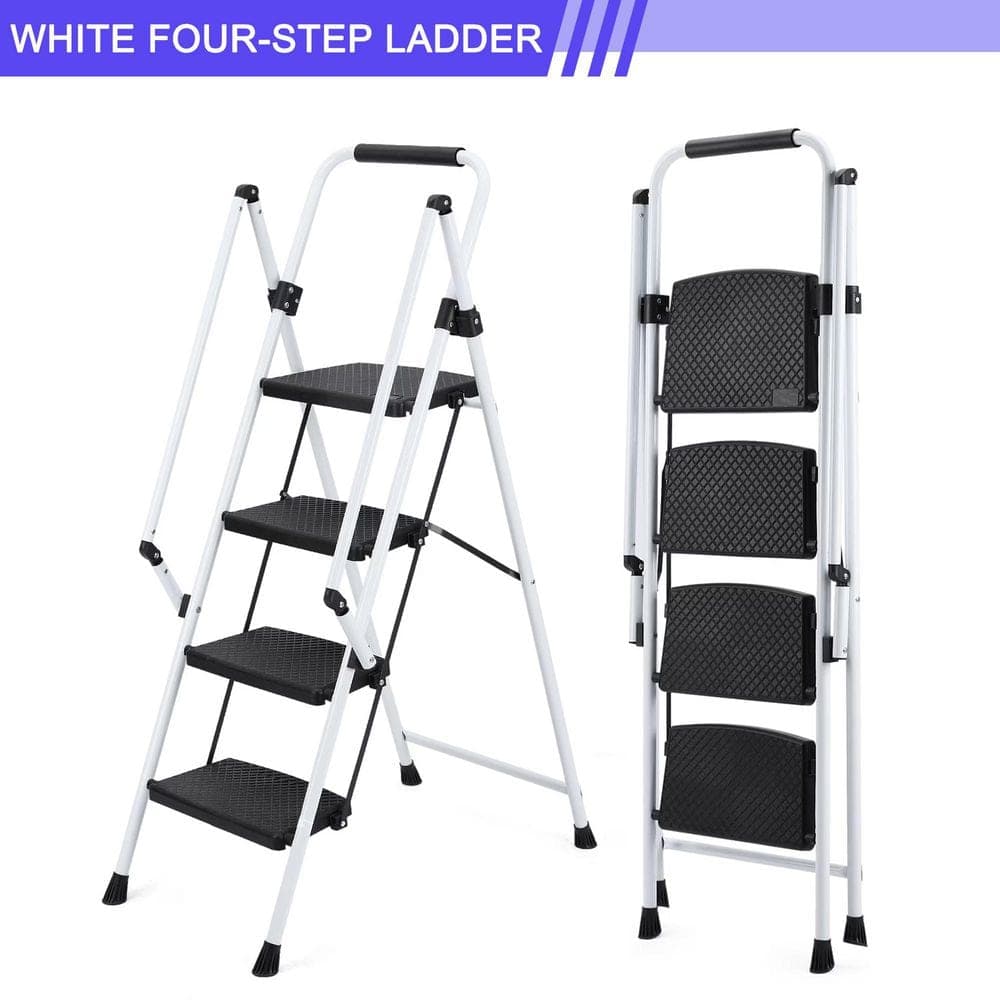 Tatayosi Light Folding 4-Step Ladder Multi-purpose Step Stool with Wide Anti-Slip Pedal and Safety Handle, White