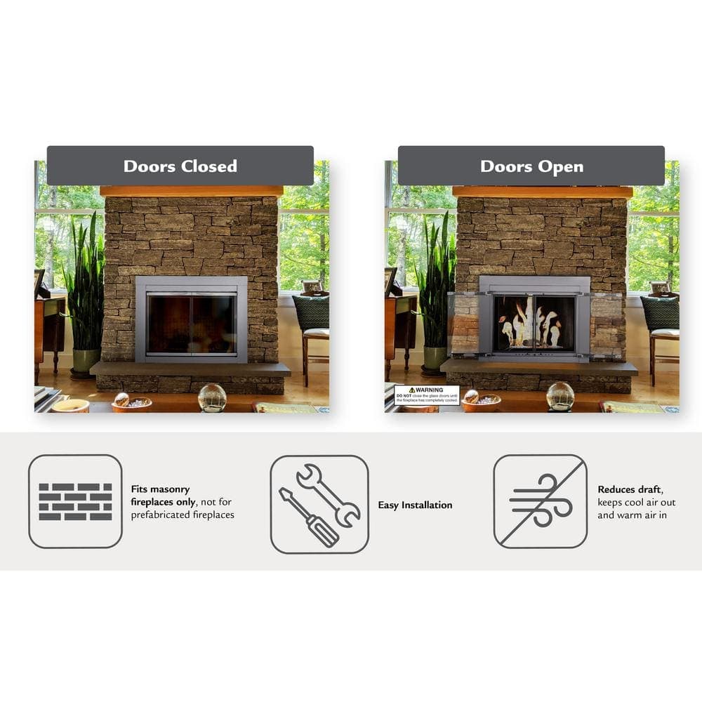 Pleasant Hearth Alpine Medium Skyline Nickel Glass Fireplace Doors (3)