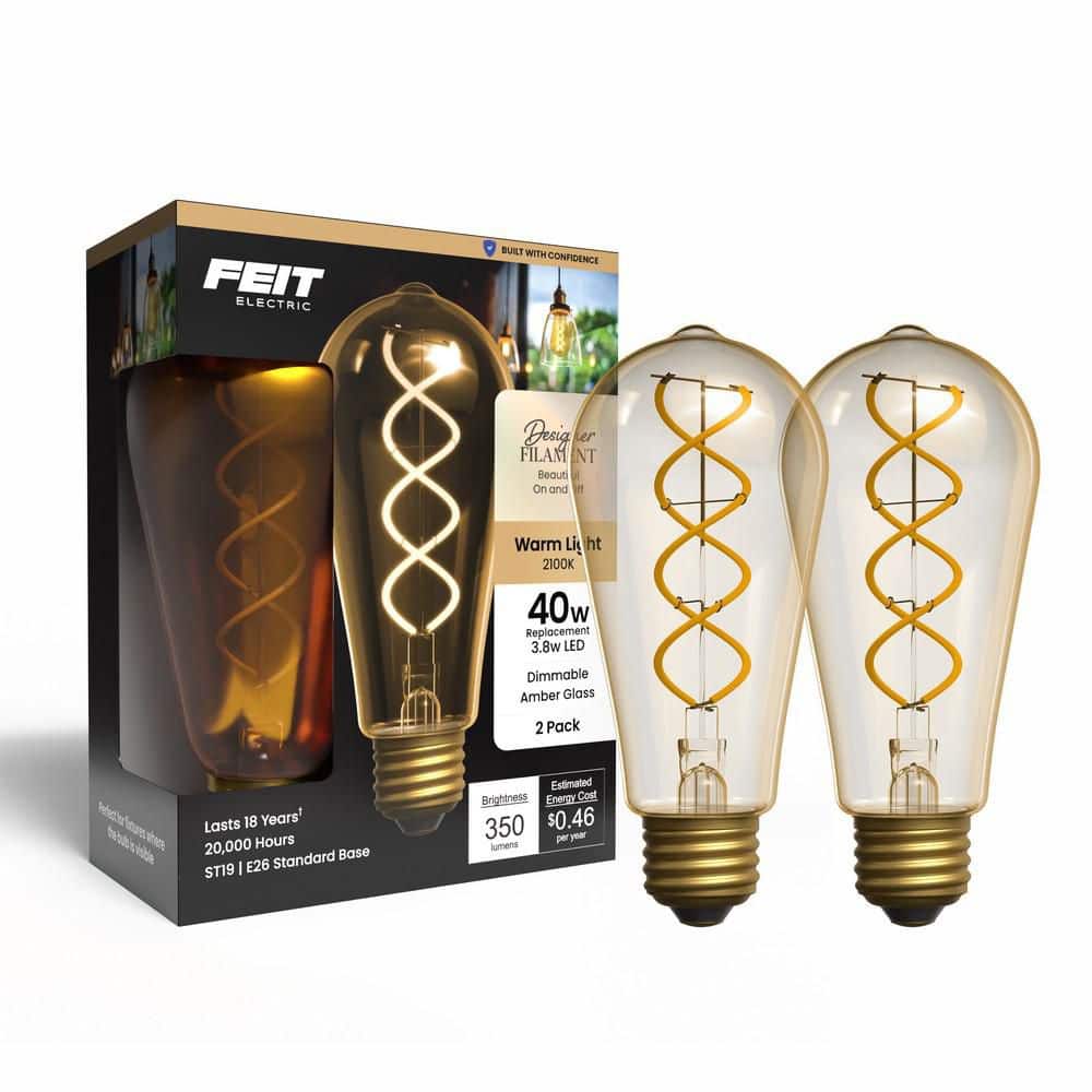 Feit Electric 40W Equiv. ST19 Dim. Double Spiral White Fil. Amber E26 Vintage Edison LED Straight Tapered Light Bulb, Warm White 2PK