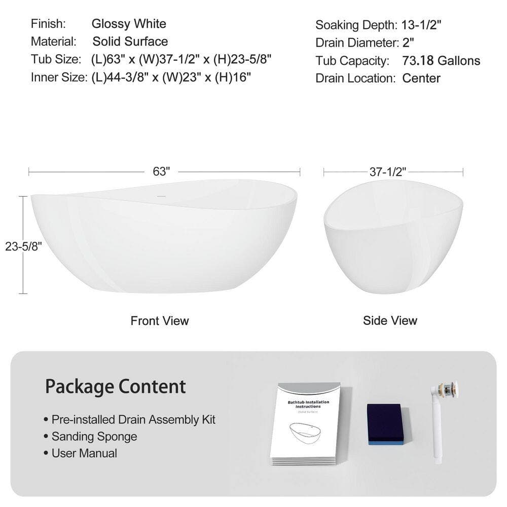 LIVACA 63 in. x 37.4 in. Solid Surface Freestanding Soaking Bathtub with Center Drain in Glossy White (2)