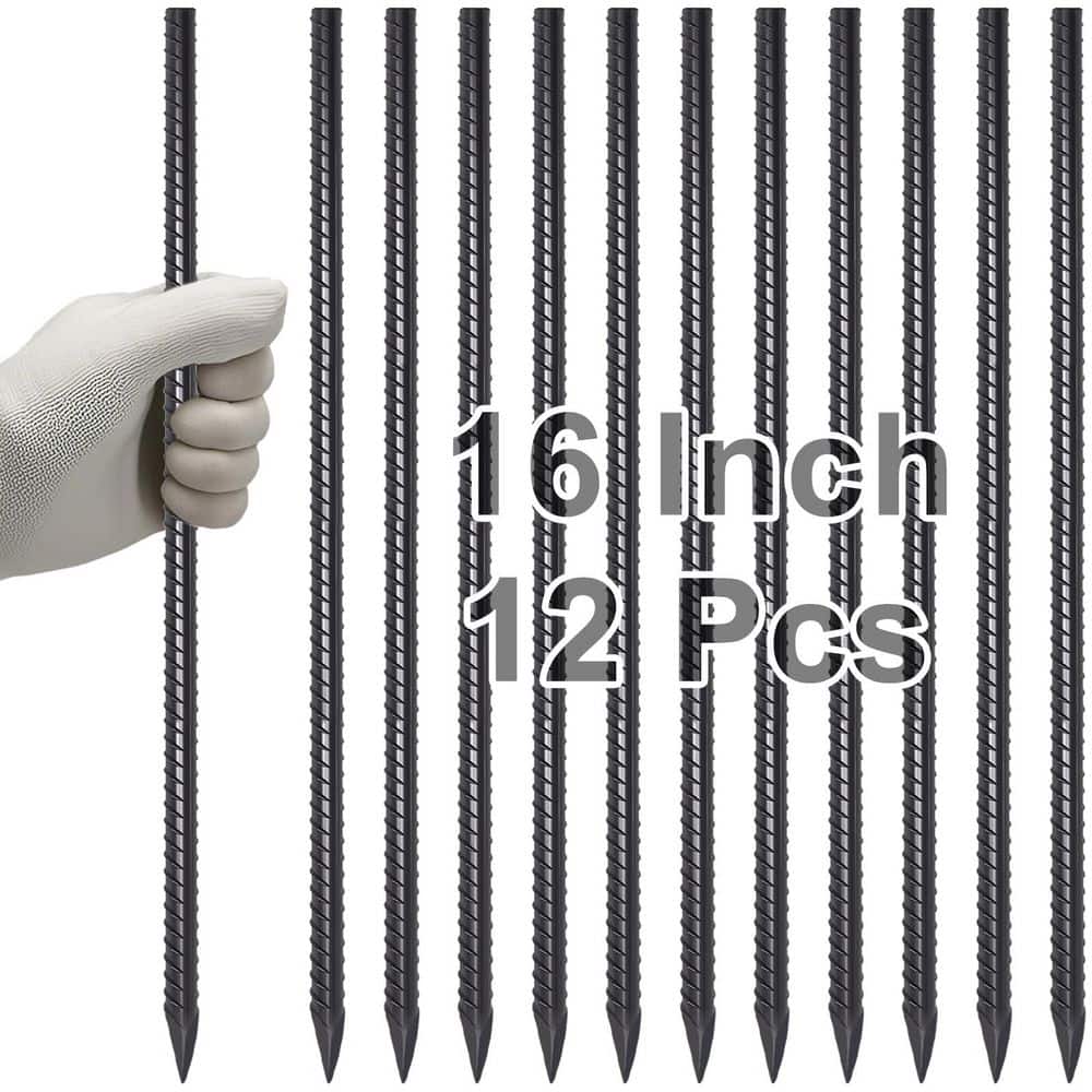 Laybus 5/16 in. x 16 in. Black Heavy Duty Rebar Stakes Straight Metal Spikes for Fence, Concrete Timber Garden Plants, 12-Piece (1)