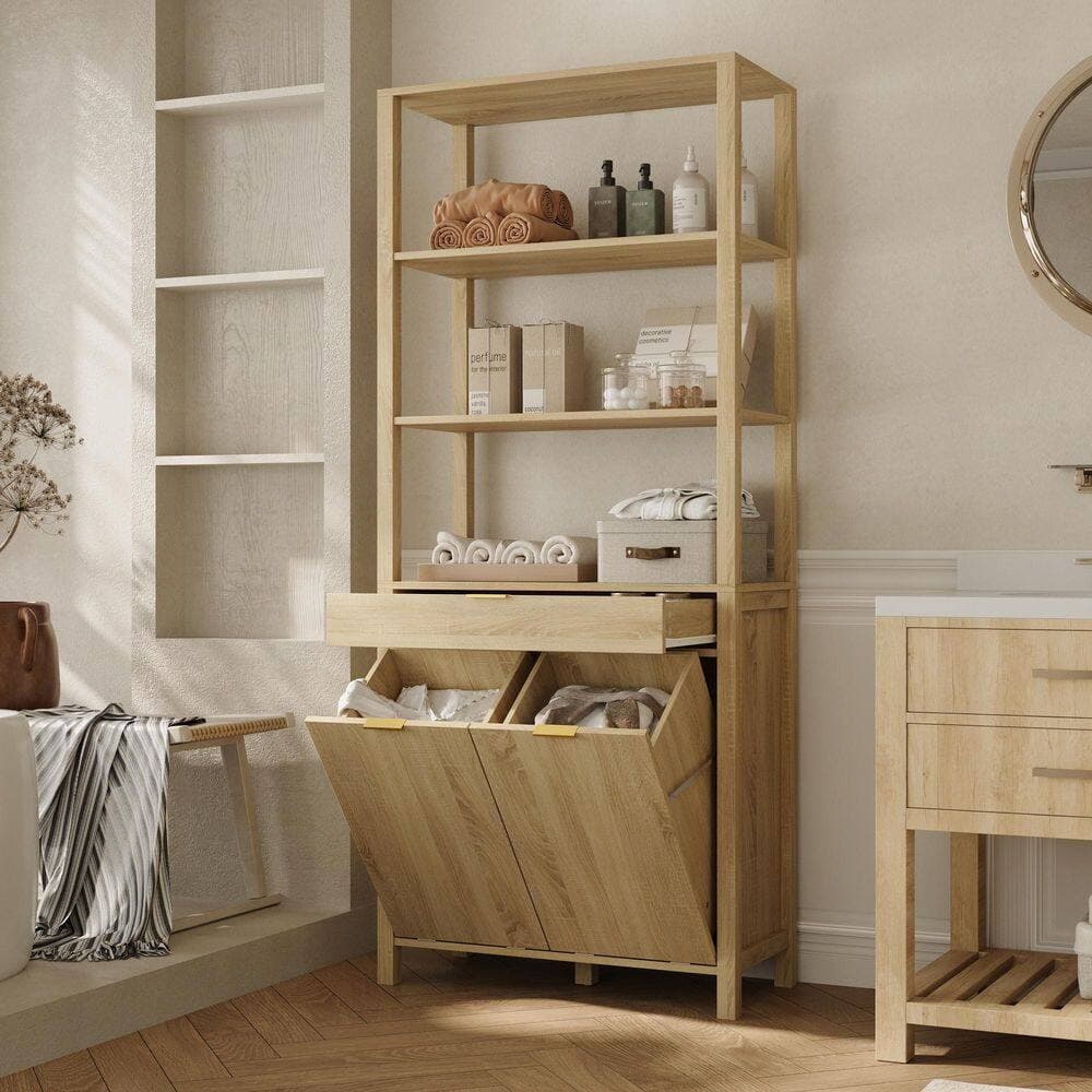 FUFU&GAGA 30.1 in. W x 14 in. D x 70.8 in. H Yellow Nature Wood Freestanding Bathroom Linen Cabinet with Flip Storage for Clothes (2)