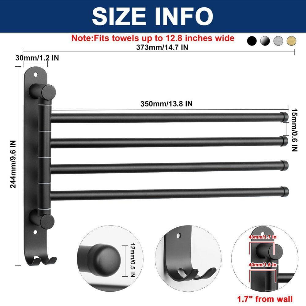 KHKFY 4 Arm Swivel Towel Rack, 13.8 in. Stainless Steel Wall Mounted Towel Bar with Hook, Matte Black (2)