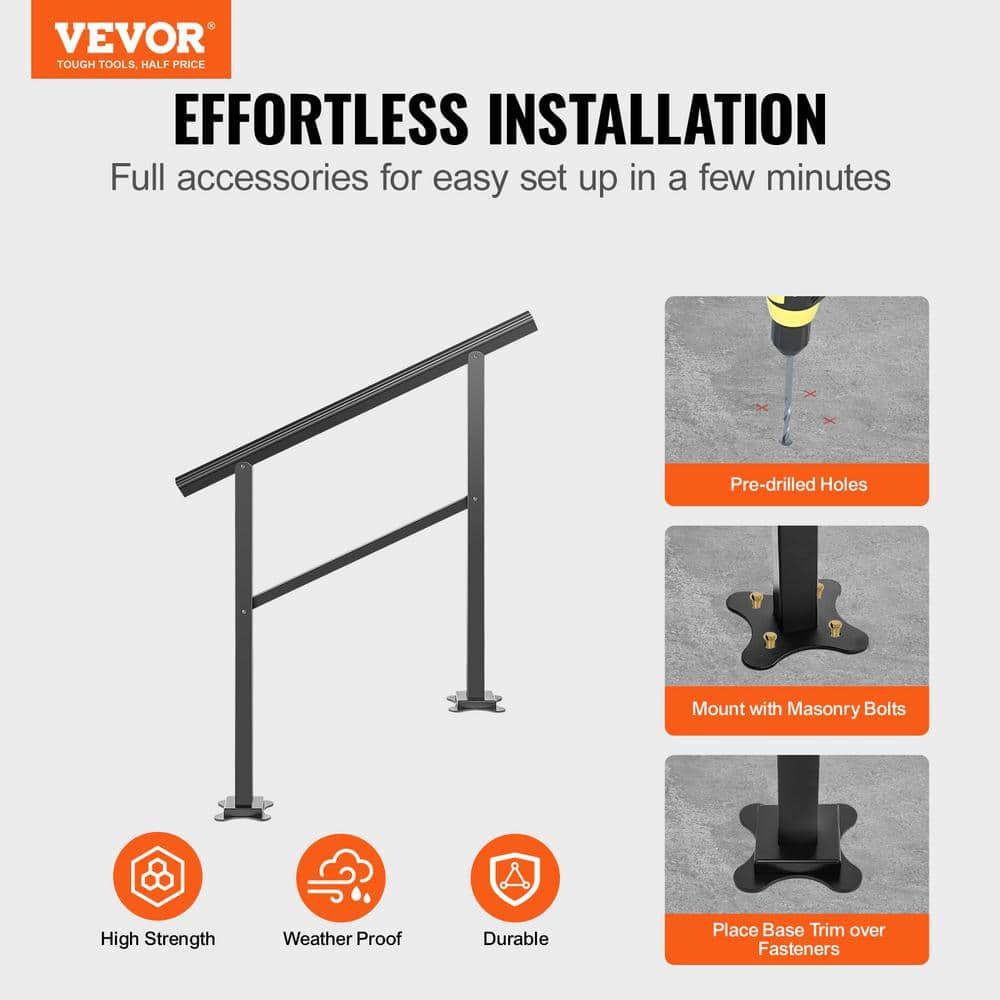 VEVOR 36 in. W x 35 in. H Adjustable Handrail Fits 2 Steps or 3 Steps Aluminum Handrails for Outdoor Steps, Black (3)