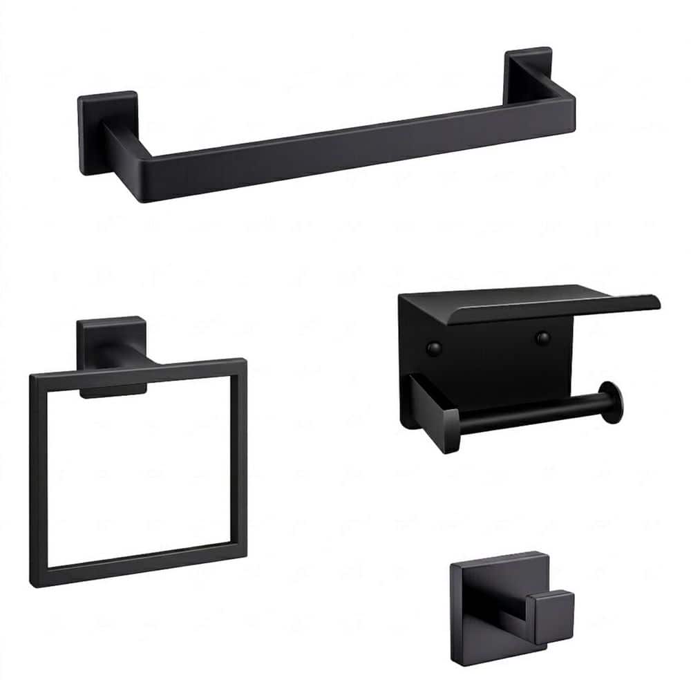 Anqtovp 5-Piece Bathroom Hardware Set with Towel Bar Towel Ring Paper Holder Shelf Robe Hooks in Matte Black (1)