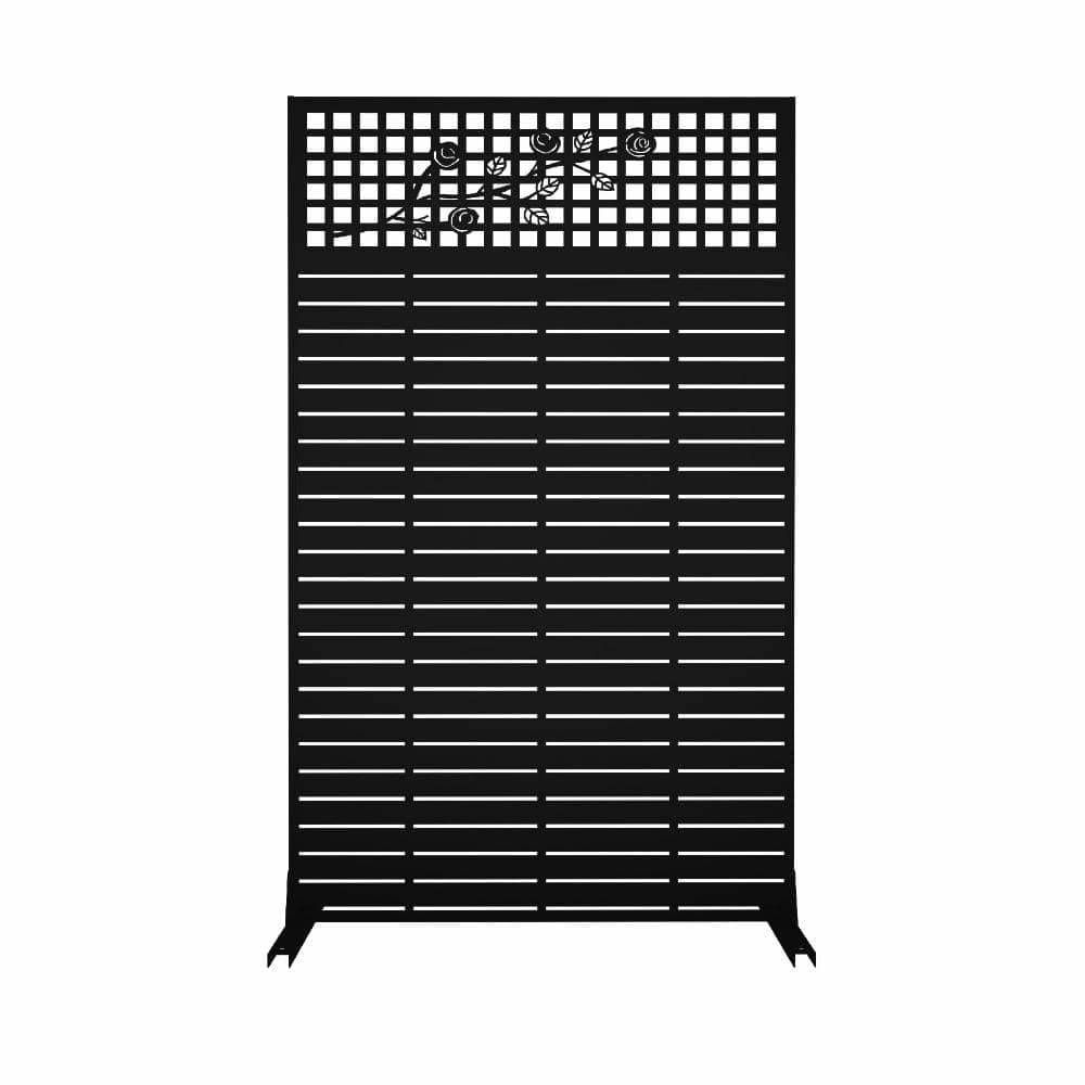 Unbranded 72 in H x 43.3 in W Black Iron Outdoor Privacy Screen, Freestanding Rose-Decorated Panel for Balcony, Patio, Garden (1)