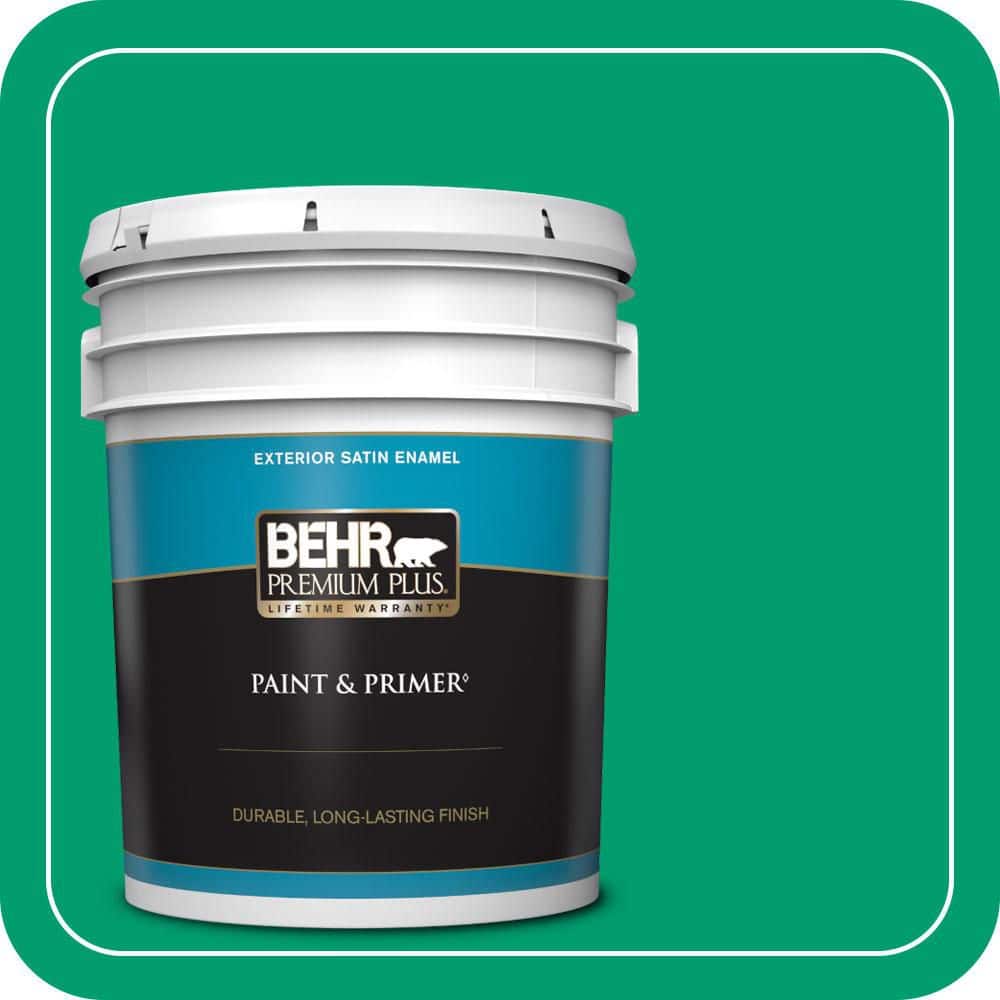 BEHR PREMIUM PLUS 5 gal. #S-G-460 Mint Sprig Satin Enamel Exterior Paint & Primer