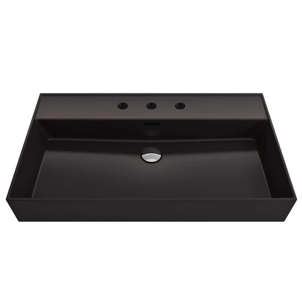 BOCCHI Milano Wall-Mounted Matte Black Fireclay Rectangular Bathroom Sink 32 in. 3-Hole with Overflow