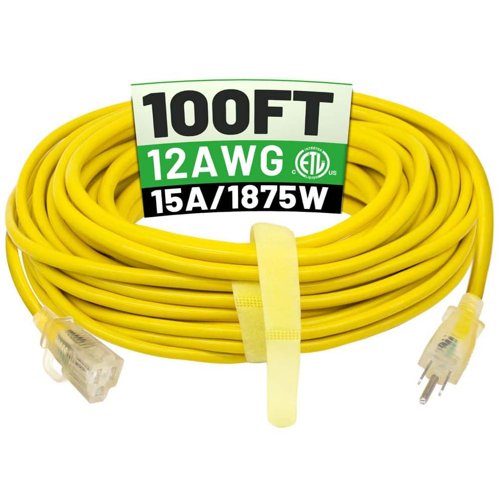 BIBIVIS 100 ft. 12 Gauge/3 Outdoor Extension Cord Waterproof, Flexible Cold-Resistant Long Power Cord, Yellow (1)