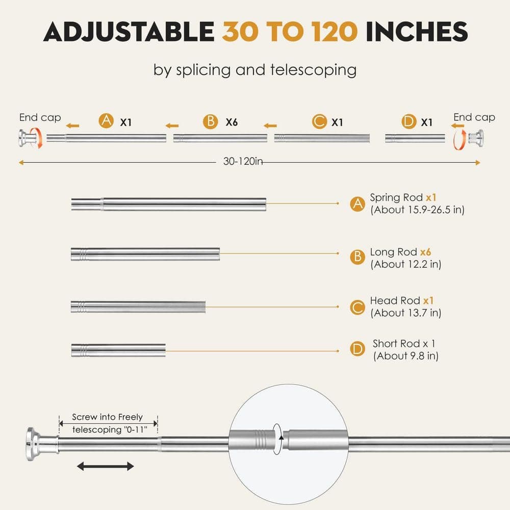 Wudkey 30 in. to 120 in. Heavy Duty Adjustable Spring Rods for Bathroom, Long Curtain Rod, Tension Shower Curtain Rods, Silver (2)