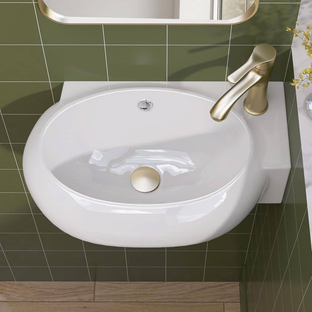 Zeafive 16.5 in. W x 11in. D x 5.7 in. H White Porcelain Ceramic Oval Wall-Mounted Bath Vessel Sink Single Bowl w/ 1 Faucet Hole (1)
