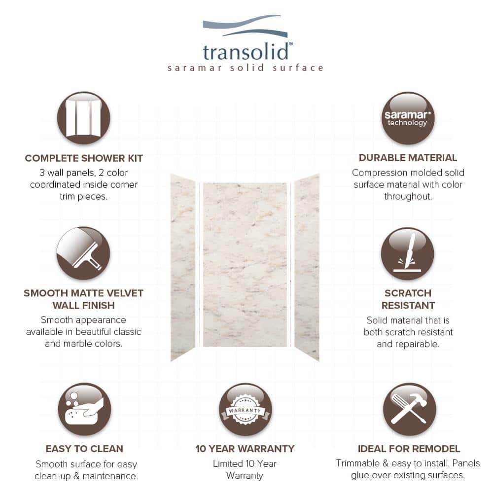Transolid Saramar 36 in. W x 72 in. H x 36 in. D 3-Piece Glue to Wall Alcove Shower Wall Kit in Biscotti Marble Velvet (3)