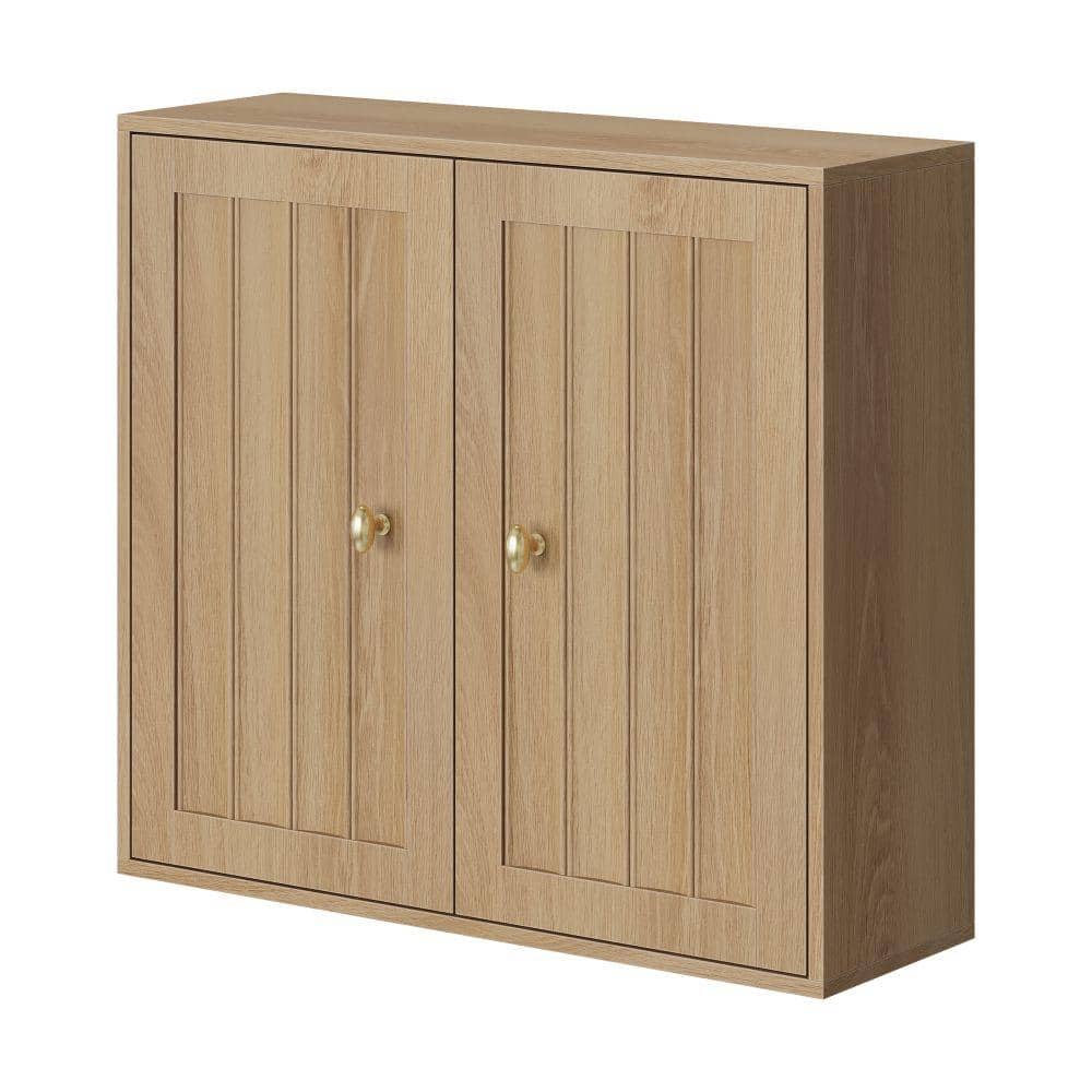 Flynama Double-Door Wall Mount Bathroom Cabinet, Vertical Grooved Design, Oak Finish For Indoor Storage (3)