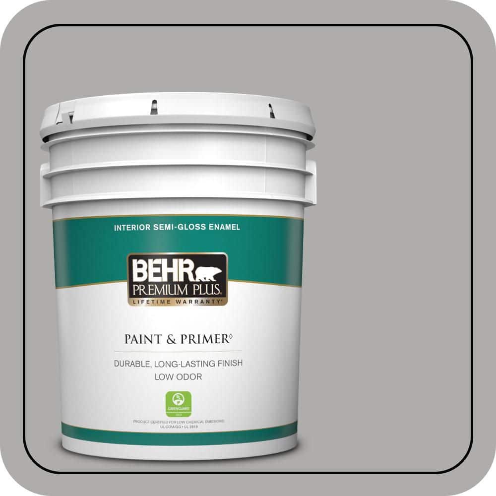 BEHR PREMIUM PLUS 5 gal. #N520-3 Flannel Gray Semi-Gloss Enamel Low Odor Interior Paint & Primer