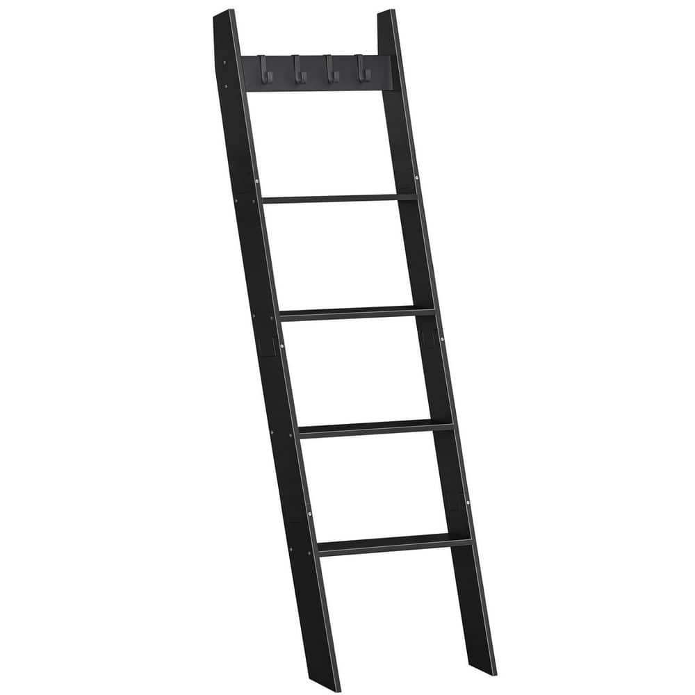 Wudkey 5-Tier Wall Leaning Towel Rack for Bathroom, Decorative Blanket Ladder Shelf with 4 Removable Hooks, Black (1)