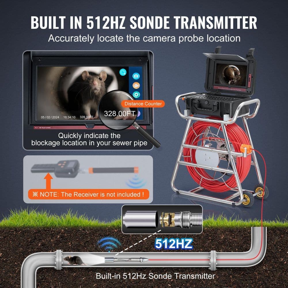 SKYSHALO 328 ft. Sewer Camera, Self-Leveling, 10.1 in. Touchscreen, 512Hz, IP67,12 LEDs, 32GB Card, Distance Counter (2)