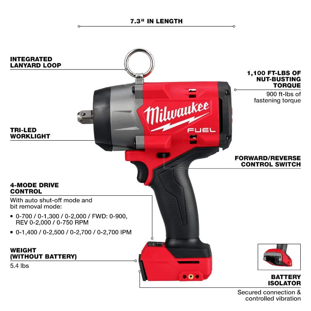 Milwaukee M18 FUEL 18V Lithium-Ion Brushless Cordless High Torque . Impact Wrench w/Pin Detent w/Protective Boot (4)