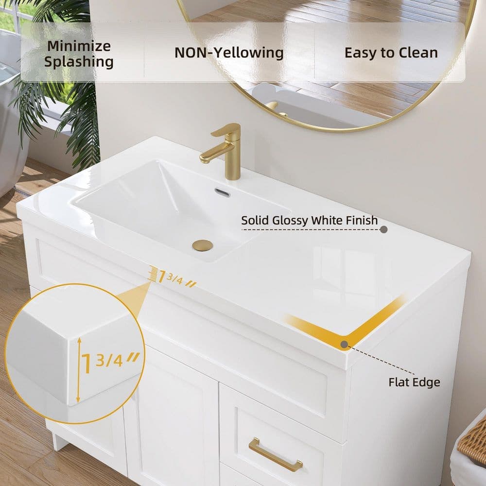 Zeafive Tor 42 in. W x 22 in. D Solid Surface Cultured Marble Vanity Top White Single Left Offset Sink Bathroom Basin Countertop (3)