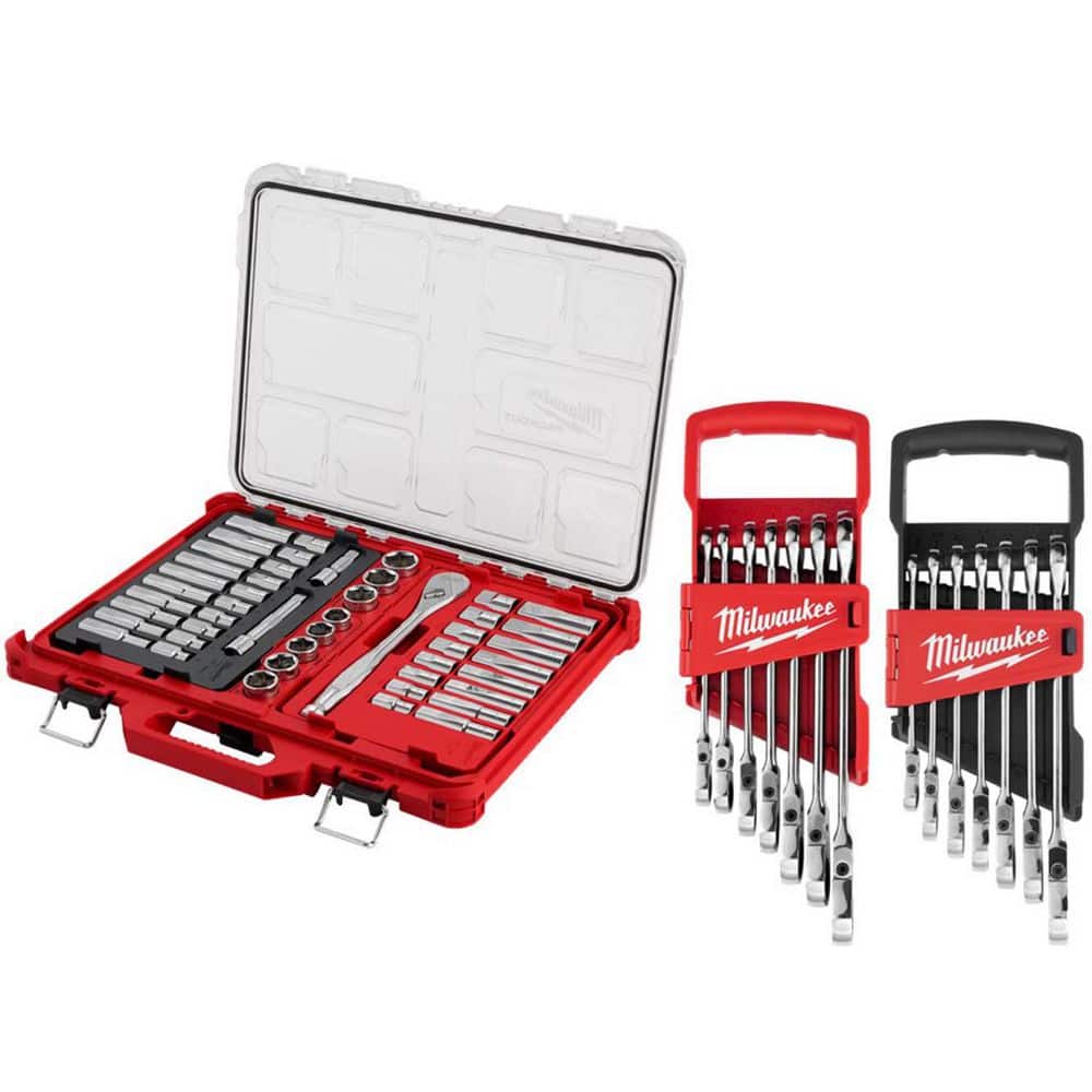 Milwaukee 1/2 in. Drive SAE/Metric Ratchet & Socket Tool Set w/ Flex-Head Ratcheting Combination Wrench Set SAE/METRIC (61-Piece) (1)