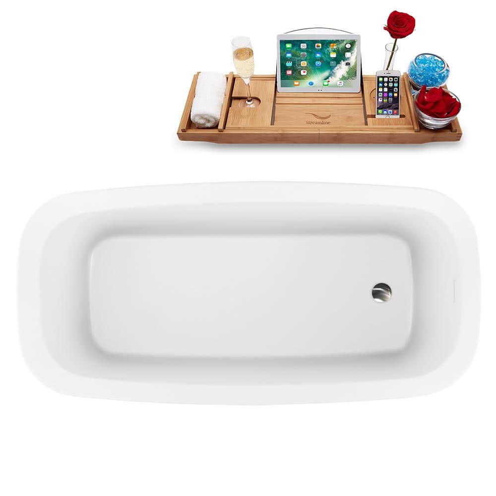 Streamline 59 in. Acrylic Flatbottom Non-Whirlpool Bathtub Glossy White with Brushed Nickel Drain (3)