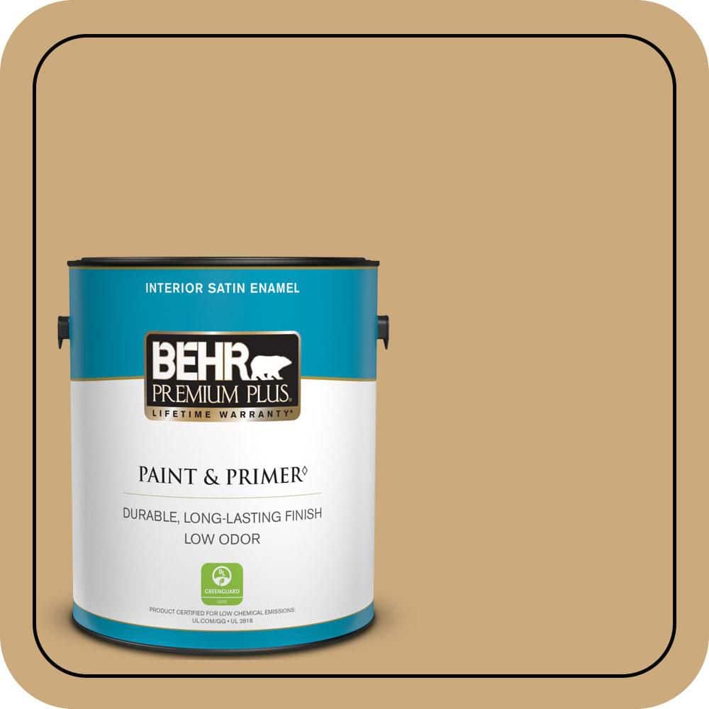 BEHR PREMIUM PLUS 1 gal. #S300-4 Flax Straw Satin Enamel Low Odor Interior Paint & Primer