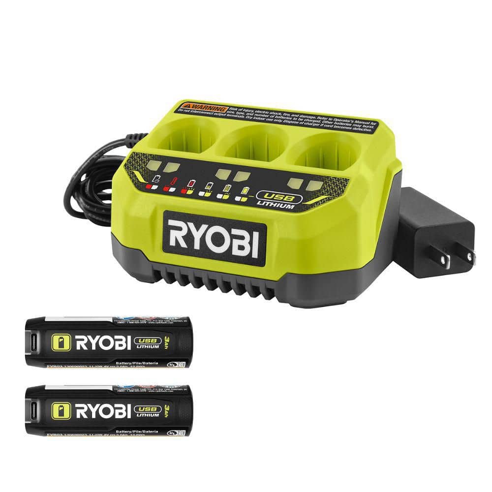 RYOBI USB Lithium 3.0 Ah Lithium-Ion Rechargeable Battery (2-Pack) with USB Lithium 3-Port Charger