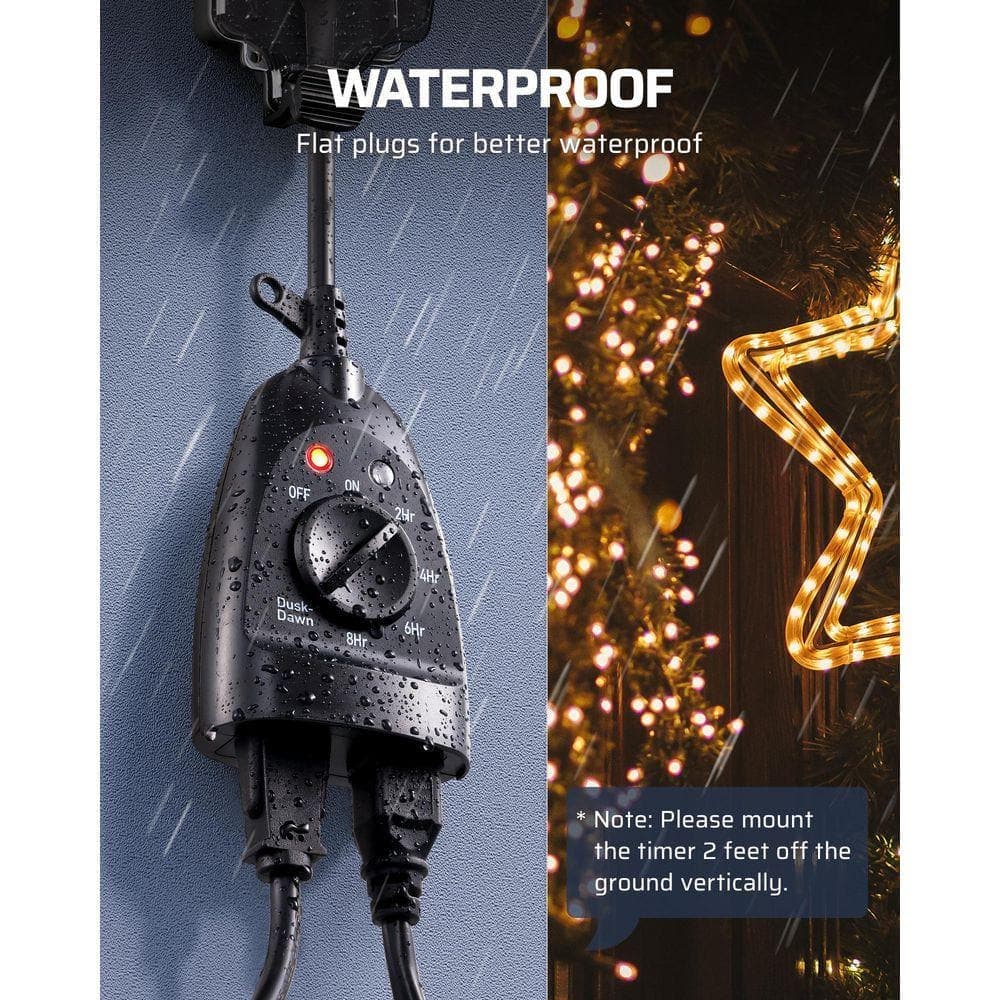 DEWENWILS 15 Amp 125-Volt 480 min Waterproof Outdoor Timer with Dusk to Dawn Sensor for Decoration/String Lights, 2 Piece (2)