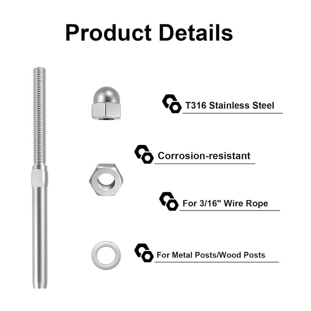 Afoxsos 3/16 Cable Railing Swage Threaded Stud Tension End Fitting Terminal Stainless Steel Marine Grade 60 Pack (2)