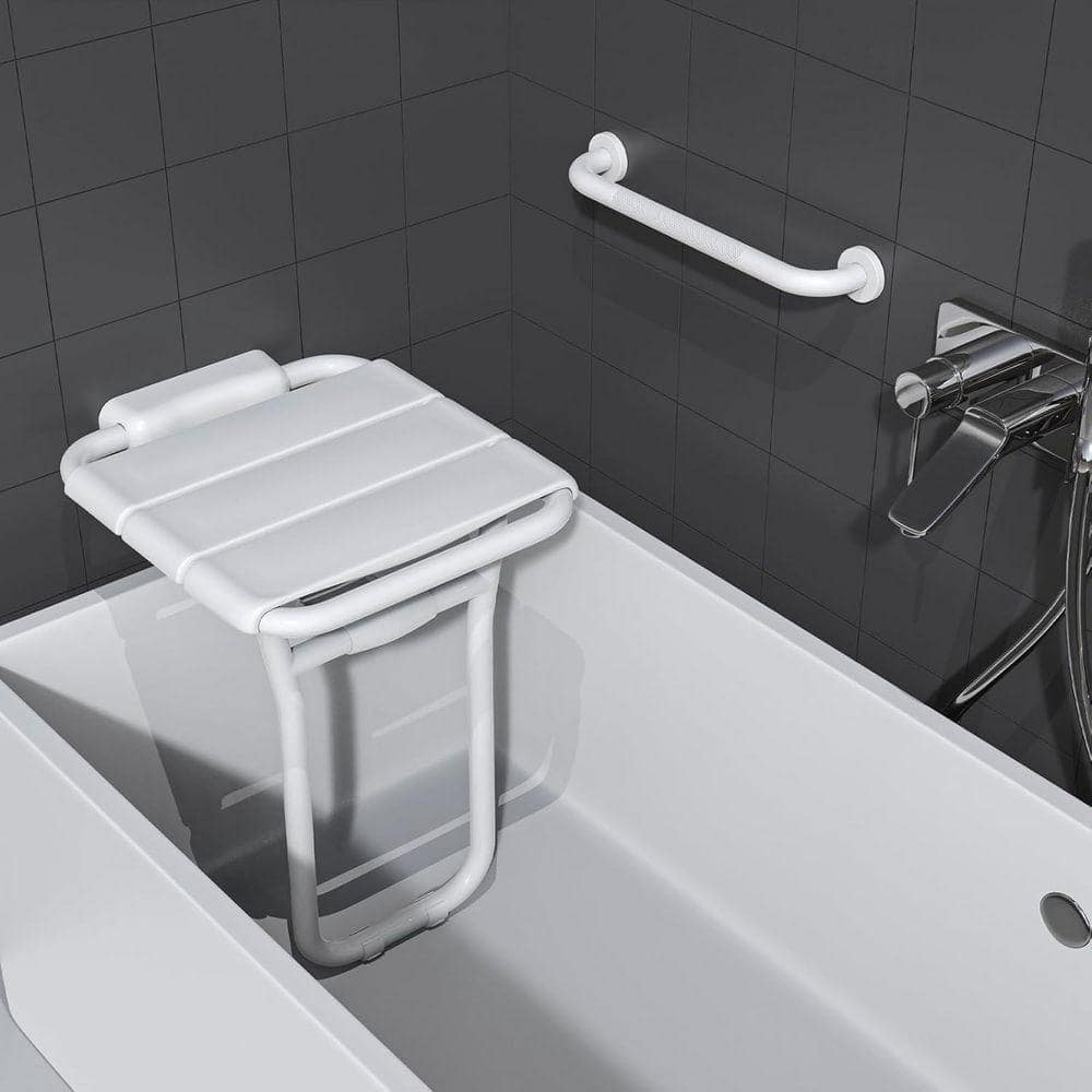 NTQ 14 in. x 16 in. ADA Teak Folding Shower Seat Folding Shower Chair for Elderly/Disabled in Brushed Stainless Steel (2)
