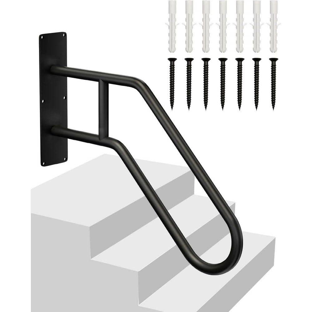 KIWDZFU 1.9 ft. U-Shaped 1-3 Steps Black Metal Handrail, Wall-Mounted Safety Rail for Indoor and Outdoor Stairs (2)