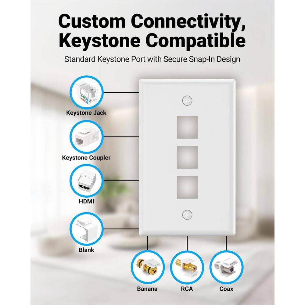 Micro Connectors, Inc 10-Pack 1-Gang White Keystone Plastic Wall Plate 3-Port and 10 Cat 6 RJ45 Keystone Inline Couplers White (3)
