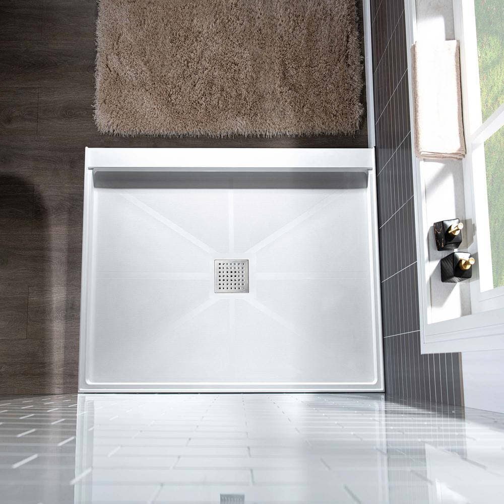 WOODBRIDGE 36 in. L 36 in. W Alcove Solid Surface Shower Pan Base with Drain White with Brushed Nickel Cover (2)